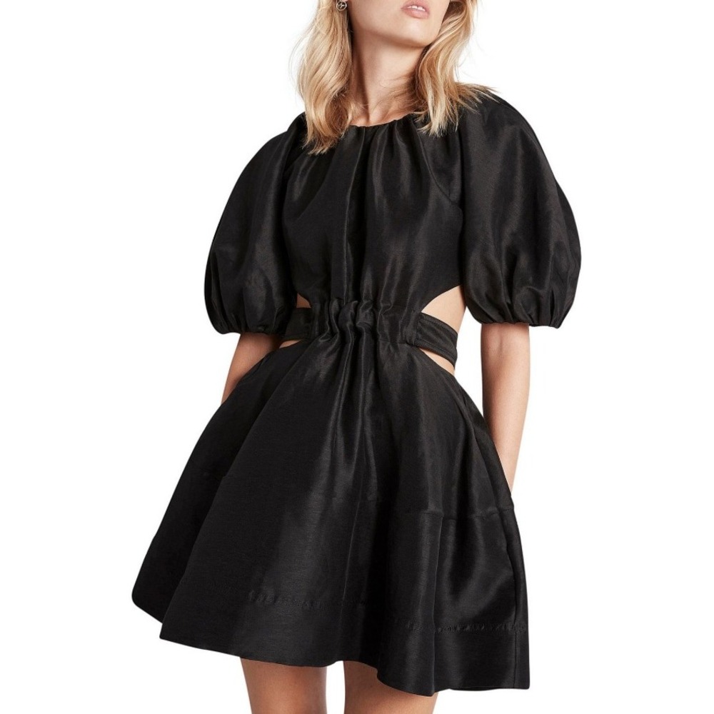 AJE Mimosa Cut Out Mini Dress Black Women Size AU 6 US 2 Silk Linen Puff Sleeve